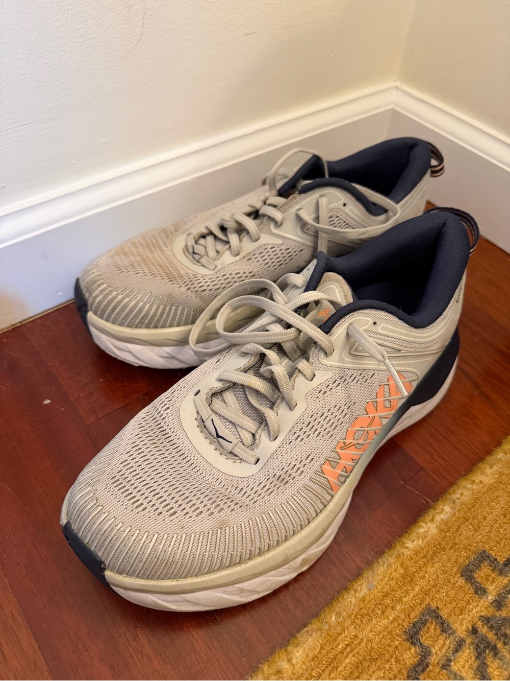 Hoka Women's Beige Sneakers with Navy and Orange Details